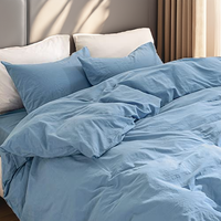 NEXHOME PRO Housse de couette 3 pièces en coton lavé 100% biologique naturel texturé aspect lin, taille Queen, bleu, fermeture éclair