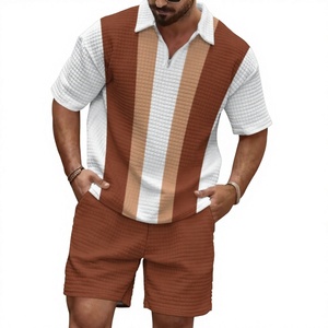 Ensemble polo et short rayés en coton gaufré respirant pour homme – Tenue décontractée d'été - Product Image 1