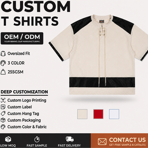 T-Shirt Personalizzata da Uomo con Patchwork Bicolore Accattivante, Maniche Corte, Vestibilità Ampia, Colletto con Cordoncino e Stile Sportivo - Product Image 1
