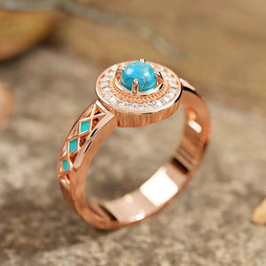 Rose <b>Gold</b> <b>Turquoise</b> <b>Ring</b> With Diamond Halo Geometric Design Women's Engagement Gemstone <b>Ring</b> T0874 - Product Image 2