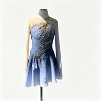 Costume de patinage artistique bleu dégradé à une épaule, drapé, dos profond, jupe ornée de strass pour adultes et enfants, pour concours et spectacles de danse sur glace