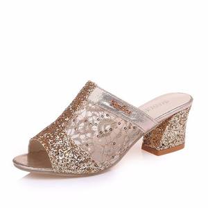Nuevo Estilo, Elegantes y Brillantes, Tacones Cuadrados, Punta Redonda, Populares Mules de Verano, Zapatillas de Tacón Alto para Mujeres y Damas - Product Image 6
