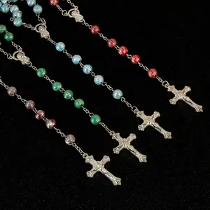 JC Crystal – colliers en perles de 8mm, chapelet croisé en alliage avec la vierge marie et un chapelet croisé, vente en gros