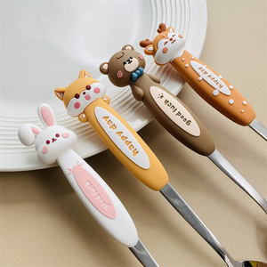 Cucchiaio Monouso per Bambini in Acciaio Inox 316 Placcato Oro con Testa in Silicone a Forma di Animale Cartone Animato Volpe Coniglietto Cerbiatto - Product Image 3