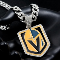 Chaîne cubaine plaquée argent et or de luxe personnalisée pour hommes Vegas Golden Knights entièrement sertie de cristaux Pendentif de tournoi de lacrosse