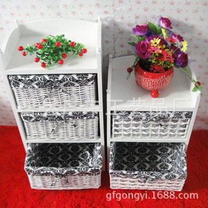 White 3 Tier <b>Storage</b> <b>Cabinet</b> With Woven Baskets For Living Room <b>Bedroom</b> Use - Product Image 1