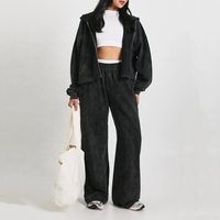 Ensemble 2 pièces sweat à capuche zippé et jogging personnalisé avec logo – Survêtement décontracté vintage style streetwear pour femme, noir délavé à l'acide
