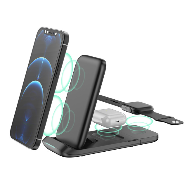 Portable All-in-One Charging Station Dual-Coil 15W Fast Wireless Charger for Phone Watch & Earbuds