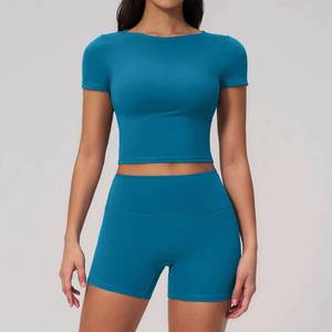 Conjunto Deportivo para Mujer, Shorts de Cintura Alta, Top Corto de Yoga, Camiseta de Manga Corta, Ajustado, Transpirable, para Entrenamiento - Product Image 5