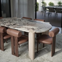 Table à manger ovale en marbre bleu Calacatta avec pieds en travertin, meubles de salle à manger de luxe sur mesure en pierre naturelle, design de créateur