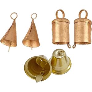 Vintage Rustic <b>Tin</b> Bells <b>Small</b> Cow Jingle Bells for Christmas Tree Decor 6 Golden Chimes for Crafts - Product Image 1