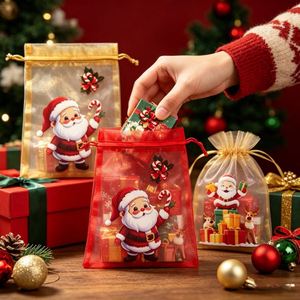 Sacs en lin recyclables en gros avec cordon de serrage, sacs cadeaux imprimés sur le thème de Noël personnalisables avec organza - Product Image 3