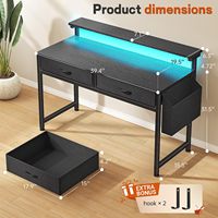 Bureau d'ordinateur ergonomique avec 2 tiroirs en tissu, poche latérale, support de moniteur, table d'étude et d'écriture, bureau de jeu noir
