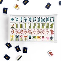 Jeu de Mahjong Américain MCM en Velours Bleu Marine Rétro Géométrique Floral, avec Pochette à Tuiles Artistique à 3 Couches, Bam Bird Boutique