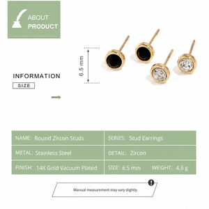 Boucles d'oreilles clous rondes en zircon, acier inoxydable plaqué or 14 carats sous vide, 6,5 mm, sertissage noir transparent, bijoux - Product Image 4