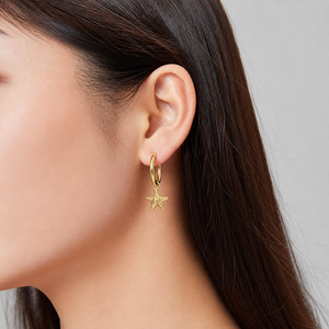 Pendientes de Aro con Forma de Estrella de Mar, Acero Inoxidable, Chapado en Oro de 14K al Vacío, Aros con Dijes de Estrella de Mar Texturizados - Product Image 5