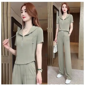 Women's Fashionable Sportswear Set Short Sleeve Wide Leg Pants Casual Two Piece Summer 2025 Zipper Design Slimming Elegant - Product Image 3