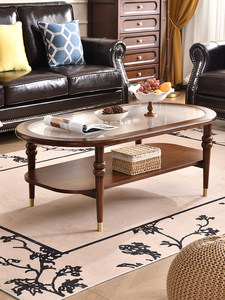 Mesa de Centro Ovalada Clásica Americana para Sala de Estar con Tapa de Vidrio Acanalado y Marco de Madera de Nogal, Espacio de Almacenamiento de 2 Niveles, Detalles de Patas Doradas - Product Image 4