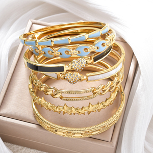 Enamel <b>Stacked</b> Bulk Wholesale 18K Gold Plated Stainless Steel Heart Design Zircon Elegant Versatile Unisex Bangle <b>Bracelet</b> Set - Product Image 4