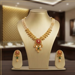 Kundan <b>Necklace</b> Set Gold Plate with Pearl Beads and <b>Ruby</b> Green Stone Pendant Traditional Indian Bridal Wedding Jewelry - Product Image 5