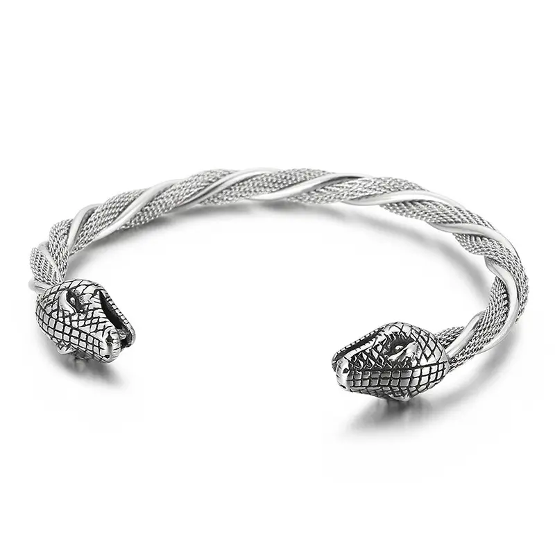 Bracelet en acier inoxydable pour hommes, idée cadeau d'anniversaire, de fête des pères, bijou Vintage torsadé, tête de serpent Viking