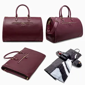 Custom Logo Red Burgundy Pebble Leather Women Travel Garment Dress Carrier Weekender Bag