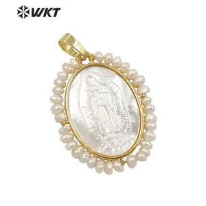 WT-JP255 Amazing white shell carved Vintage Marry pendant handmade pearl charm wrapped Religions Mother of Jesus pendants