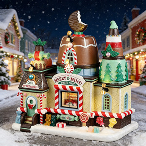 Décorations de Noël : Maison en pain d'épices lumineuse, thème bonbons, village en résine pour présentation sur table de Noël - Product Image 1