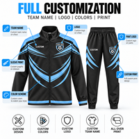 Ensemble de survêtement de football personnalisé, veste zippée et pantalon, noir et bleu, tenue d'équipe de club, impression de logo personnalisé, OEM, vente en gros, faible MOQ