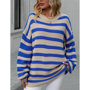 Pull en maille rayé oversize pour femme, col rond, manches longues, coupe ample, color block, anti-boulochage, décontracté, automne - Product Image 4