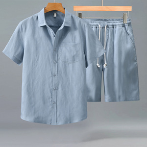 Conjunto de Verano para Hombre, Estilo Japonés, Camisa de Manga Corta con Cuello y Pantalones Cortos de Lyocell Fresco, Cómodo, Transpirable y de Color Sólido - Product Image 1