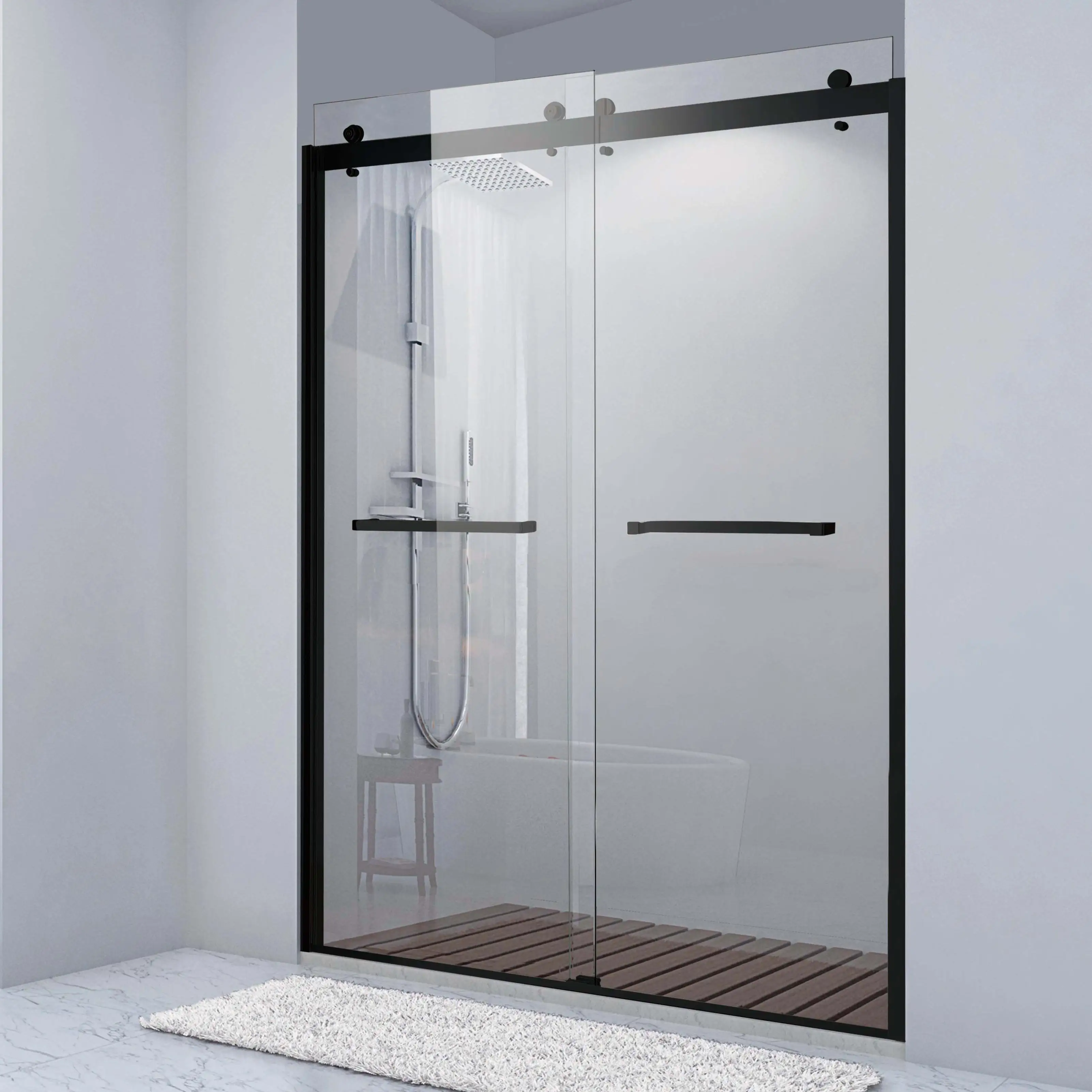 Hotel Shower Glass Panel Screen Black Frameless Double Bypass Bathroom Tempered Glass Shower Enclosure Sliding Shower Door