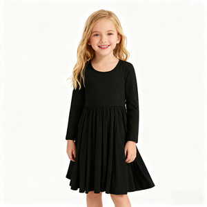 Abito a Ruota per Bambine in Spandex di Bambù <span class=keywords><strong>Nero</strong></span> di Alta Qualità, Manica Lunga, Casual, Morbido, Estivo, Monoblocco - Product Image 1