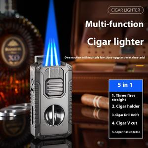 5-in-1 휴대용 금속 다기능 라이터 3 불꽃 내장 V-컷 시가 커터 - Product Image 1