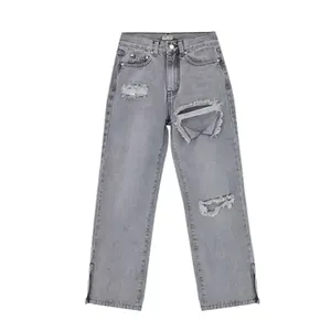 최고 판매 트렌디 여성 찢어진 청바지 2023 캐주얼 하이 웨이스트 스트레이트 legJeans 슬릿