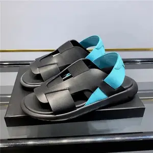 Sandales d'été en cuir de vachette véritable décontractées pour hommes, chaussures de plage Unisex Flats Slip On Loafers Gladiator Sandals