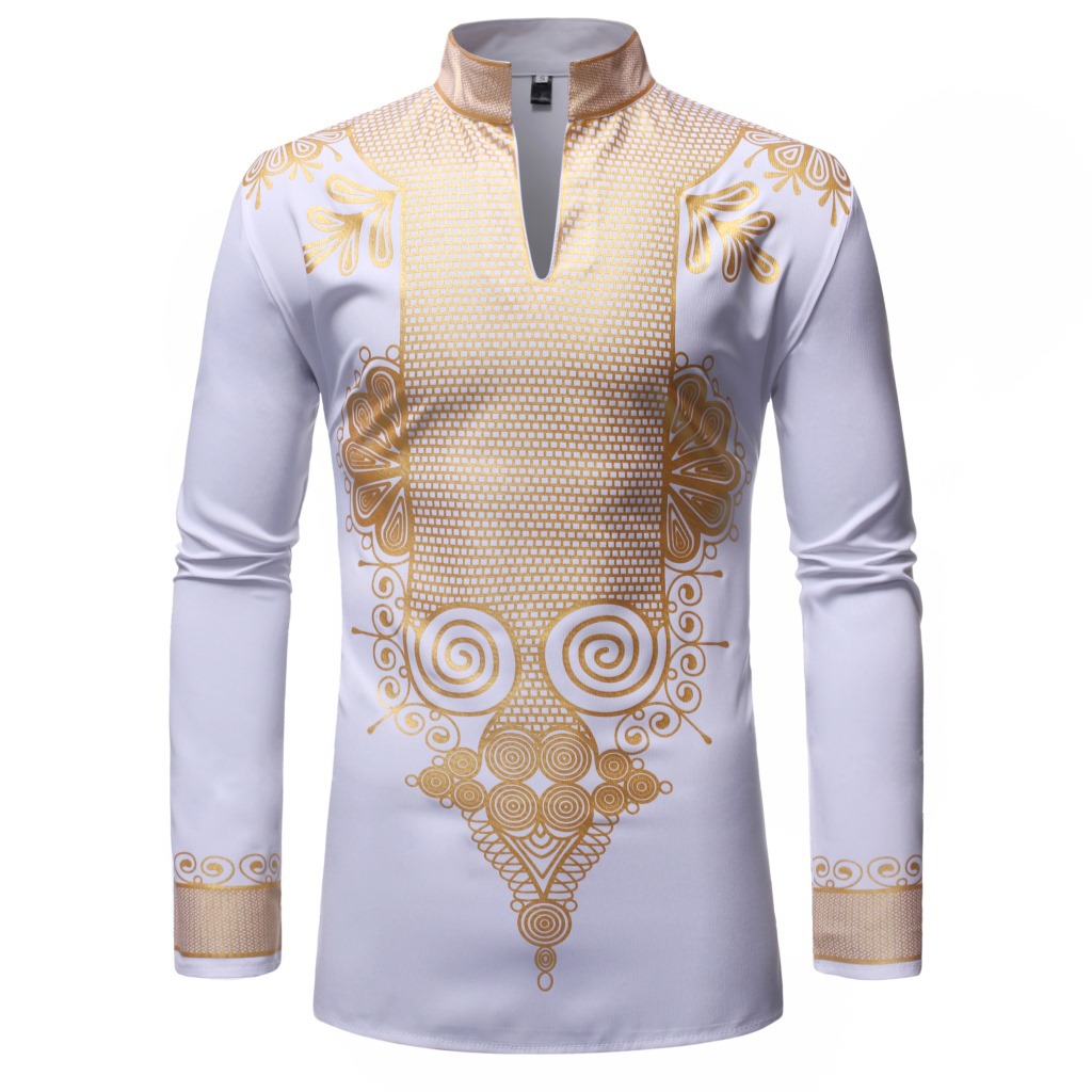 Hot Sale 55% Cotton 45% Polyester Hot Stamping Long Sleeve African Style Shirt Dashiki
