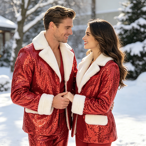 Costume de Noël pour <span class=keywords><strong>homme</strong></span> East Costumes, veste à paillettes rouge, blazer de Père Noël, col et poignets en fausse fourrure, poches, <span class=keywords><strong>tenue</strong></span> de fête festive - Product Image 2
