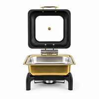 Piring Sajian Prasmanan Mewah Hitam Emas Stainless Steel Chafing Dish Persegi Penghangat Makanan Komersial untuk Hotel