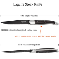 Nouvelle collection de couteaux de table Laguiole, couteau à steak avec lame revêtue de noir, métal forgé, manche en bois Pakka