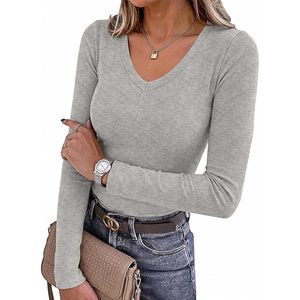 Camiseta básica ajustada de punto acanalado con cuello en V y manga larga para mujer, ropa informal para otoño - Product Image 2