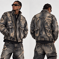 Veste en jean personnalisée DiZNEW, coupe asymétrique, effet effiloché, cloutée, style moto, pour les marques de créateurs, les boutiques, personnalisation OEM
