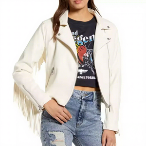 Womens Real White Leather <b>Jacket</b> <b>Fringe</b> Sleeves Tassels Lapel Sheepskin Cream Western Cowgirl Biker Coat Custom Winter Outerwear - Product Image 1