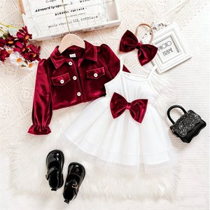 Set Due Pezzi per <span class=keywords><strong>Bambina</strong></span> con Giacca in Velluto Rosso Vino e Gonna con Fiocco in Tulle, Primavera e Autunno, con Accessori per Capelli - Product Image 3