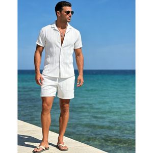 Conjunto de Camisa de Manga Corta y Pantalones Cortos de 2 Piezas para Hombre FOXA, Atuendo Casual de Verano para la Playa, Tejido de Algodón Transpirable - Product Image 2