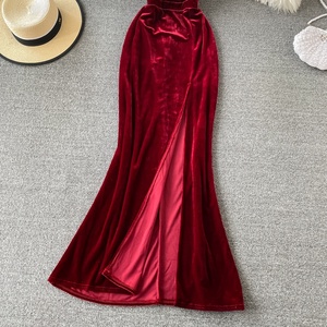 Nouveau V profond coupe basse haute fourche ouverte licou Banquet hôte or velours Sexy dos nu robes <span class=keywords><strong>de</strong></span> soirée - Product Image 3