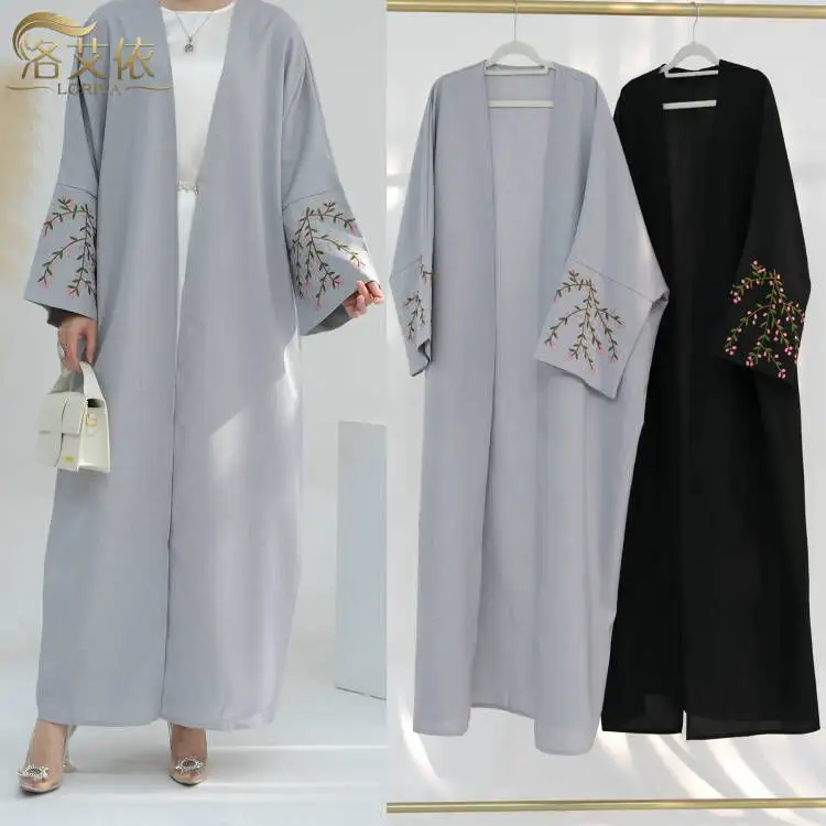 2024 Moslim Eid Ramadan Bloemenborduurwerk Abaya Kleding Dubai Abaya Kalkoen Linnen Kimono Islamic Kleding