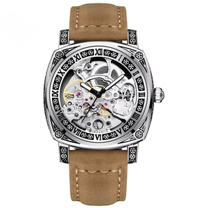 OEM ODM New Vintage Engraved <b>Skeleton</b> Mechanical <b>Watch</b> for Men Roman Numeral Bezel Leather Waterproof Fashion <b>Watch</b> - Product Image 4