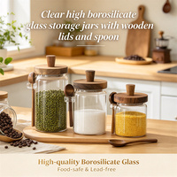 Articles de cuisine écologiques faits à la main, pot de rangement pour aliments, café et épices en verre borosilicate transparent rond de haute qualité avec couvercle en bois et cuillère