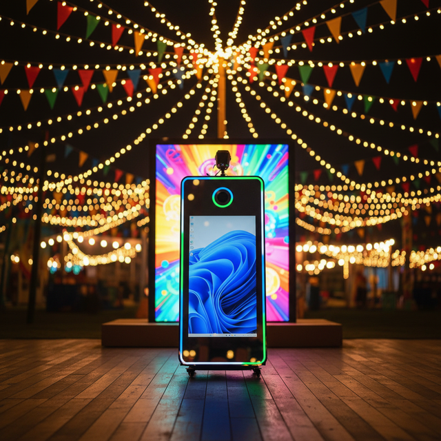 70 - 43 Inch Mirror Booth Touch Screen Smart Interactive Photo Booth with Camera, LED Light Strip, Frame, and Movable Stand.